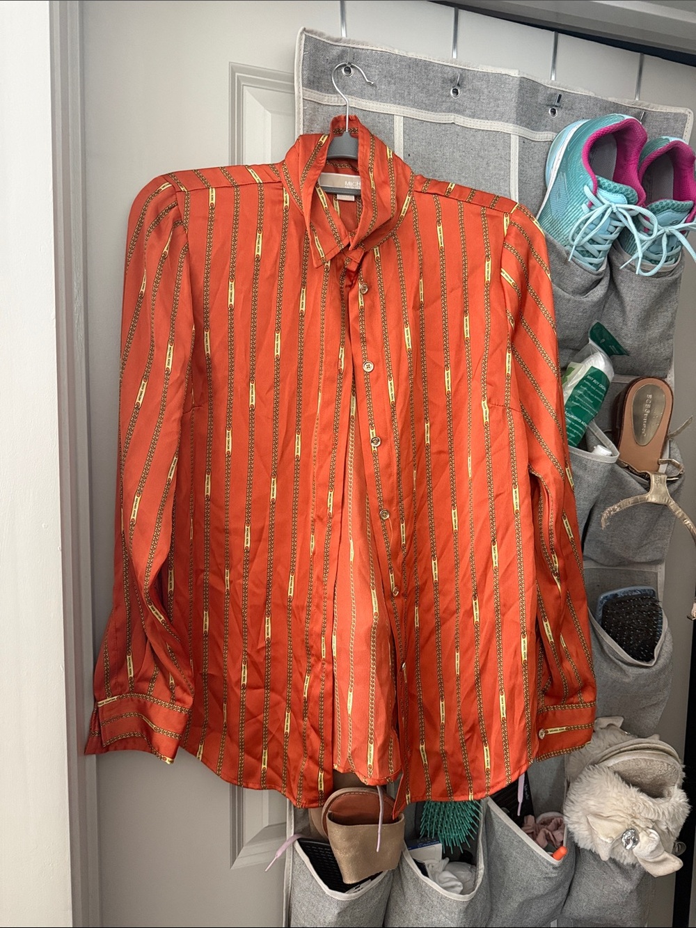 Michael Kors Orange Striped Tie-Neck Dress Shirt